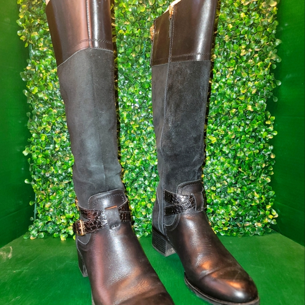 Franco Sarto Wide Calf L-Lapis Black Leather and Suede Riding Boots 7.5M